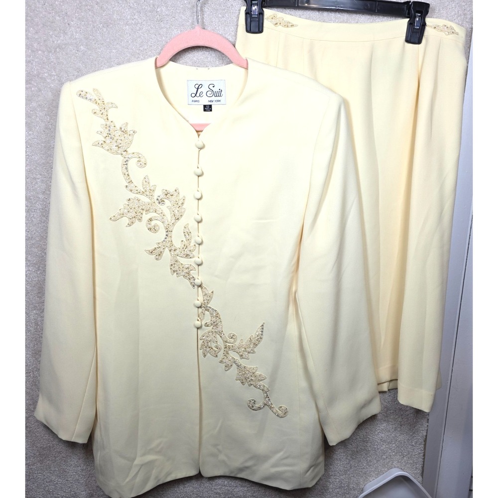 Le Suit Skirt Suit Womens 12 Yellow Beaded Embellished‎ Longline Jacket Lined